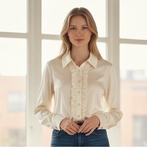 St. John Cream Ruffled Blouse cream ruffles feminine tuxedo shirt size 10 silk